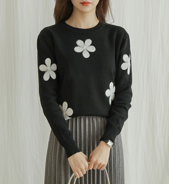 韓國花朵圖案混羊毛針織上衣