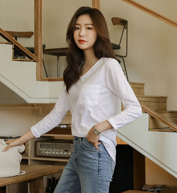 韓國單口袋造型竹節棉V領T恤
