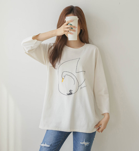 韓國天鵝圖案燙印圓領長版T恤