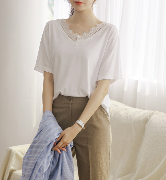 韓國睫毛蕾絲裝飾單色短袖T恤