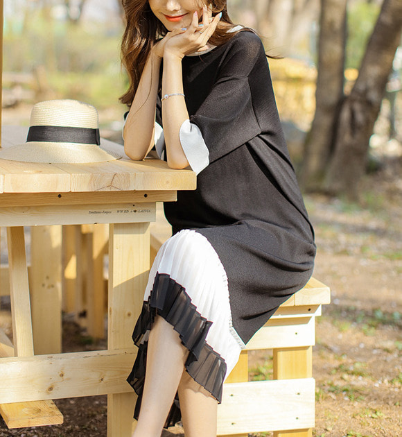 韓國配色百褶襬短袖針織洋裝
