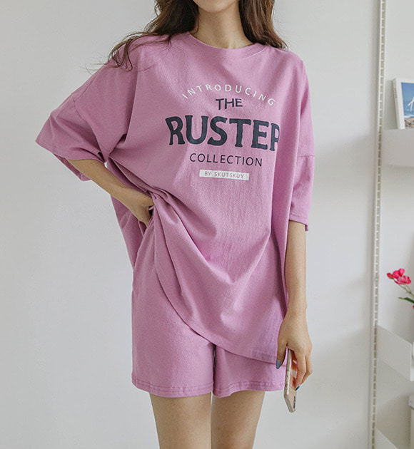 韓國RUSTER印字寬鬆T恤+抽繩鬆緊腰短褲