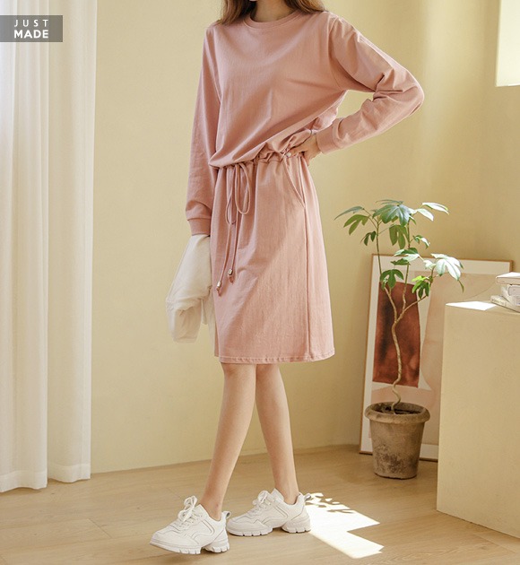 韓國[只在這裡]休閒純棉抽繩腰開衩襬洋裝
