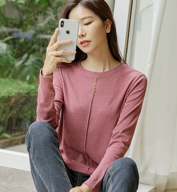 韓國迷你釦飾立體中線長袖T恤