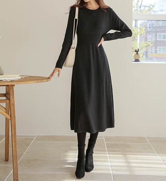韓國羅紋縮腰混羊毛針織洋裝