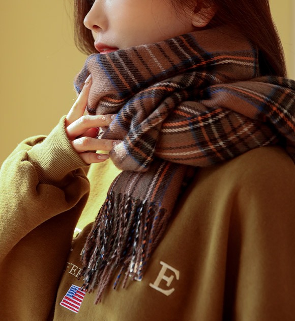 韓國流蘇裝飾柔軟格紋圍巾
