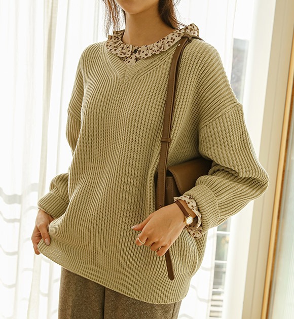 韓國純色V領寬鬆針織毛衣