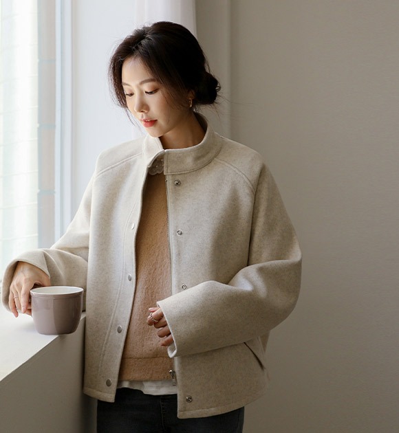 韓國混羊毛立領壓釦內絎縫外套