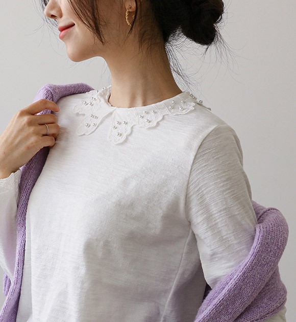 韓國後釦珠飾花形領竹節紋T恤
