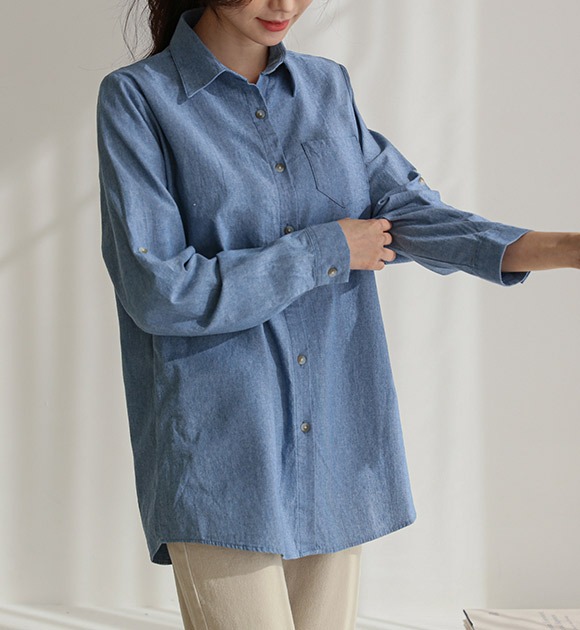 韓國反摺釦帶袖單口袋牛仔襯衫