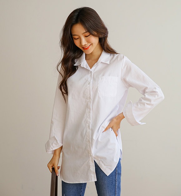 韓國反摺釦帶單口袋長版襯衫