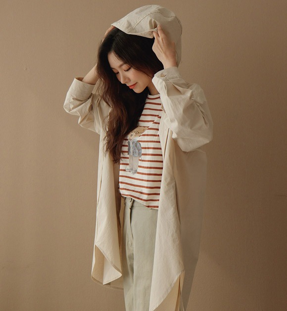 韓國長版圓弧襬高領連帽襯衫