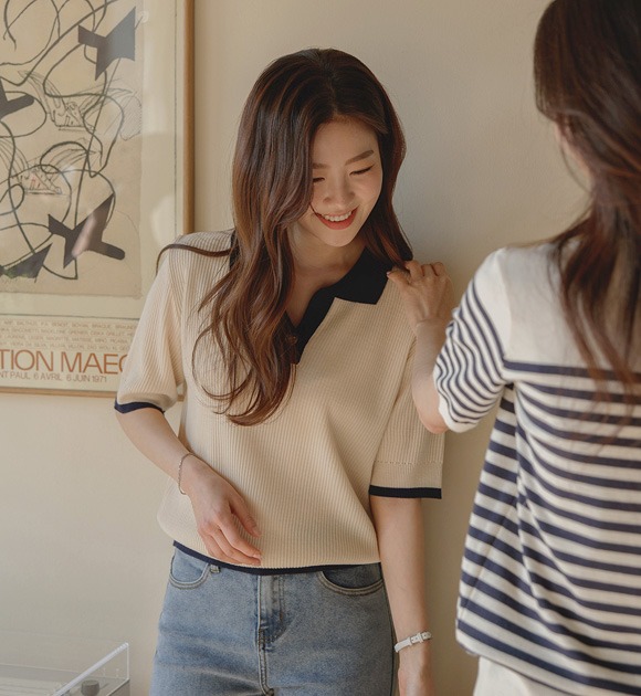 韓國配色領袖單釦短袖針織衫