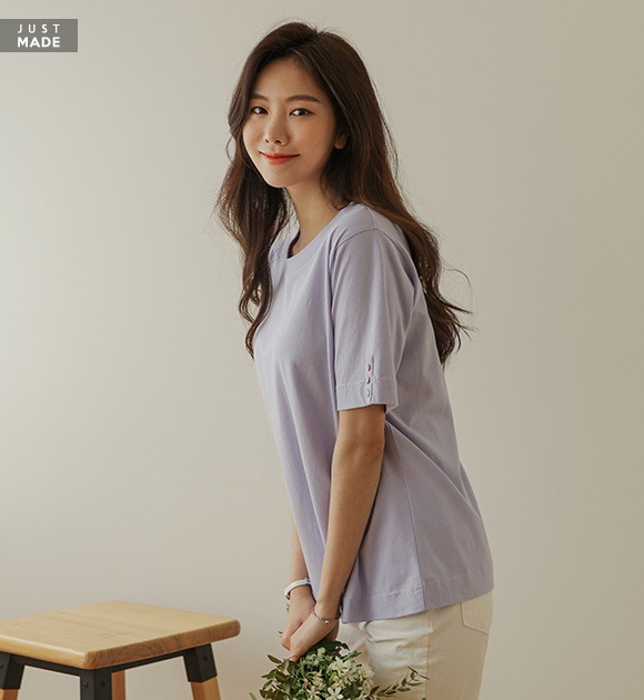 韓國[只在這裡]花紋鈕釦裝飾短袖棉質T恤