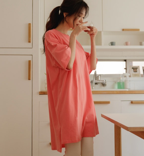 韓國附罩杯高低襬寬鬆短袖洋裝