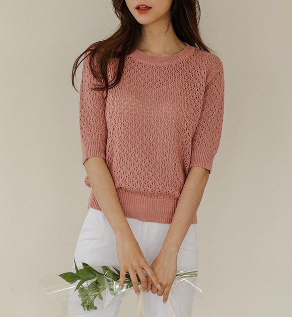 韓國[只在這裡]花形鏤空圓領短袖針織衫