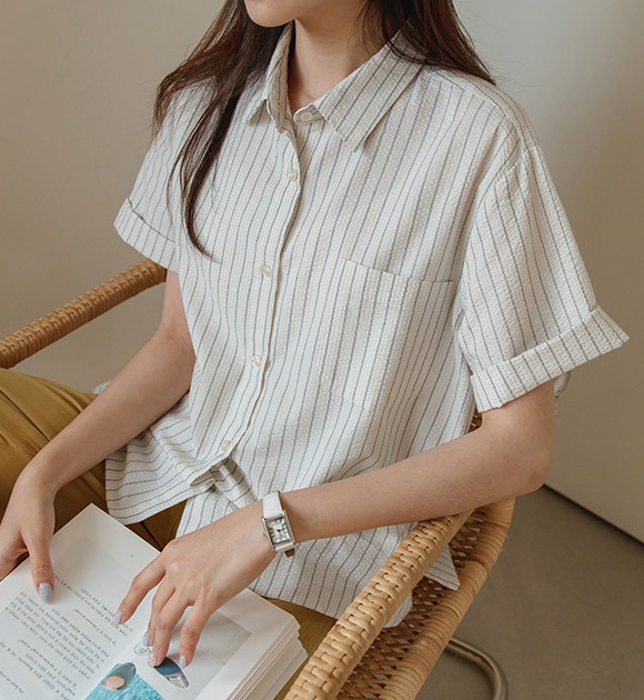 韓國清新泡泡紗直條紋短袖襯衫