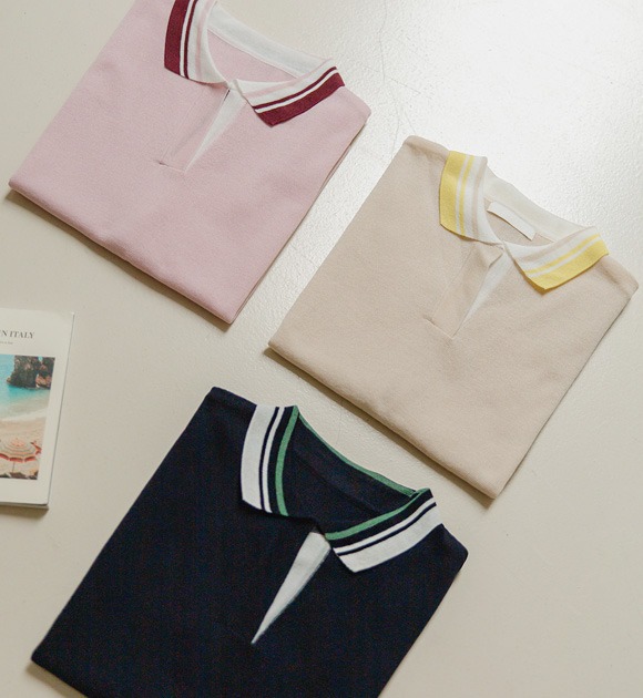 韓國配色線條翻領蓋袖針織衫