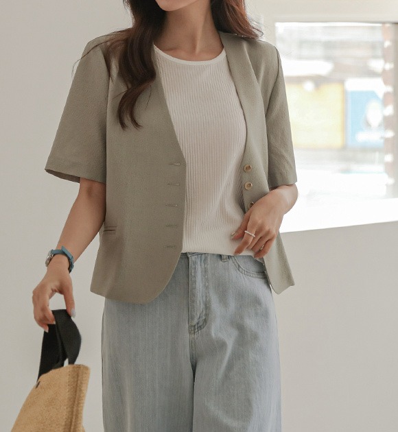 韓國V領琥珀排釦短袖外套
