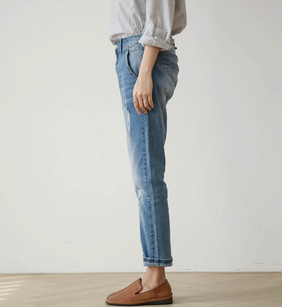 韓國[蜂蜜牛仔褲]抽鬚破損抓痕刷色哈倫牛仔褲