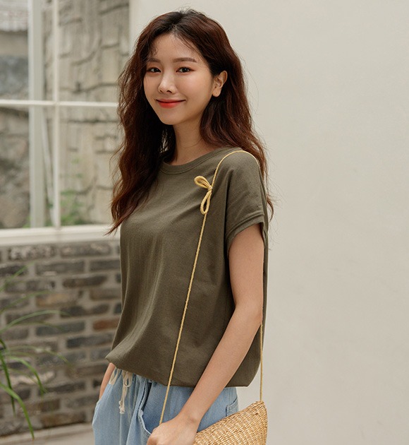 韓國圓領蓋袖鬆緊襬純色T恤