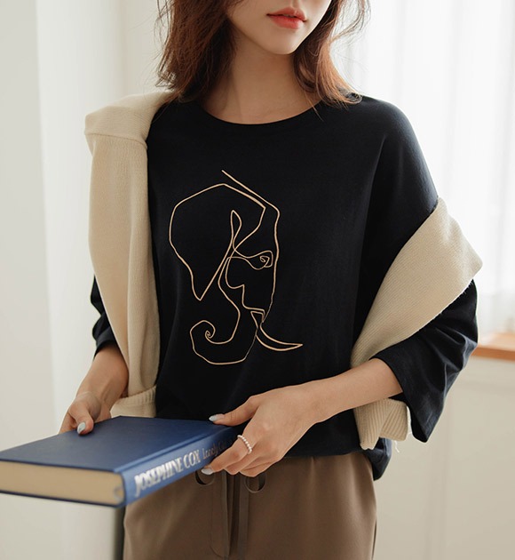 韓國大象印花圓領七分袖T恤