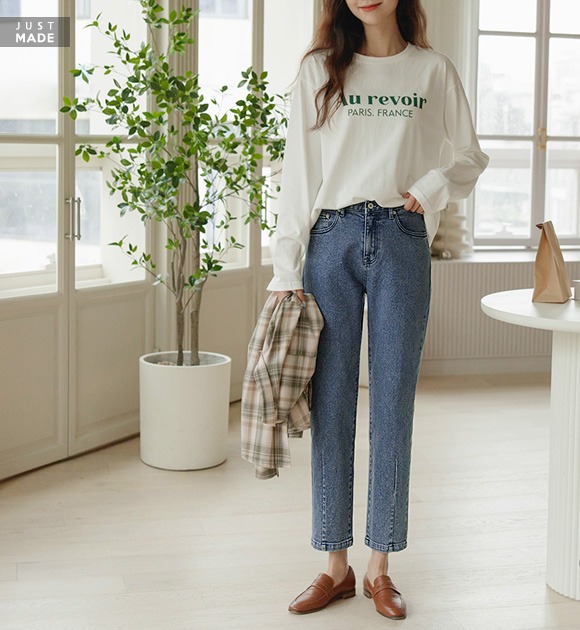 韓國[哇，好爽]縫線設計後鬆緊哈倫牛仔褲