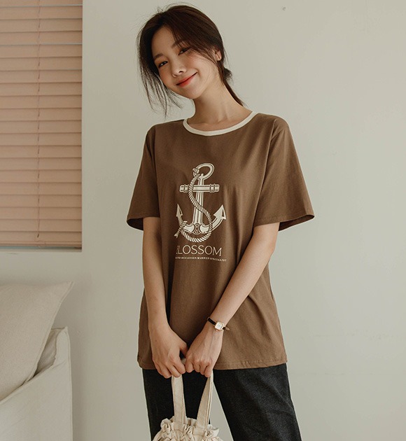 韓國船錨印花配色圓領短袖T恤