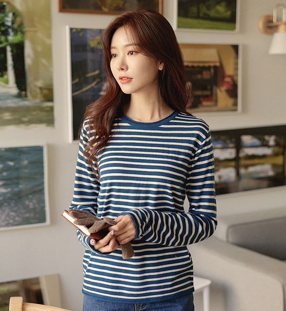 韓國輕量羊毛圓領條紋針織衫