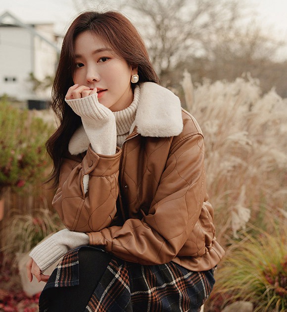 韓國絨毛翻領雙口袋絎縫外套