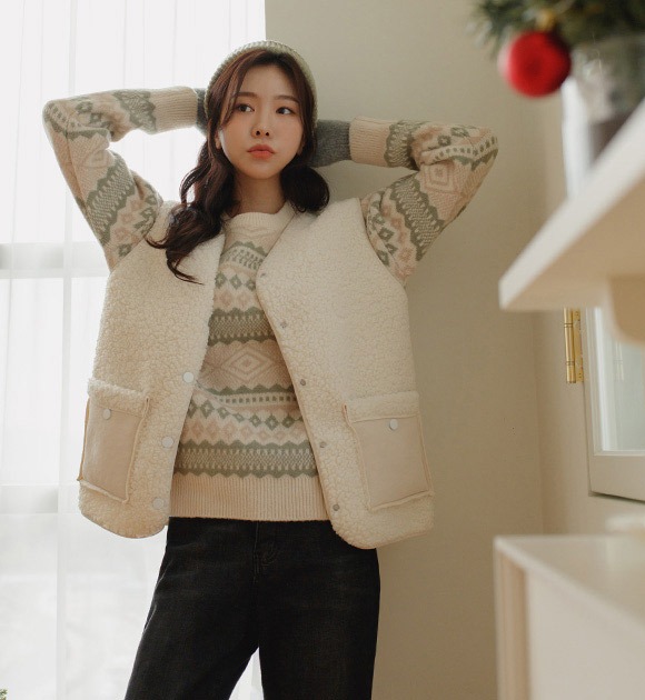 韓國異材質口袋仿羊絨壓釦背心