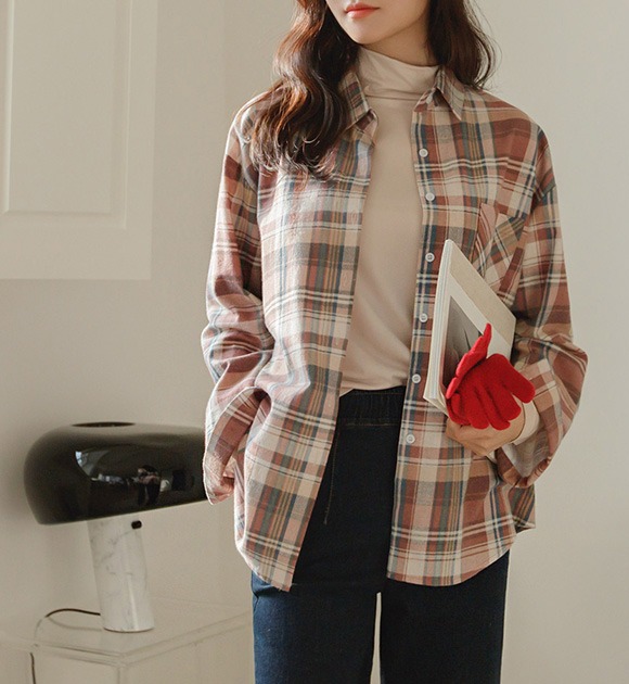 韓國淡彩格紋單口袋磨毛襯衫