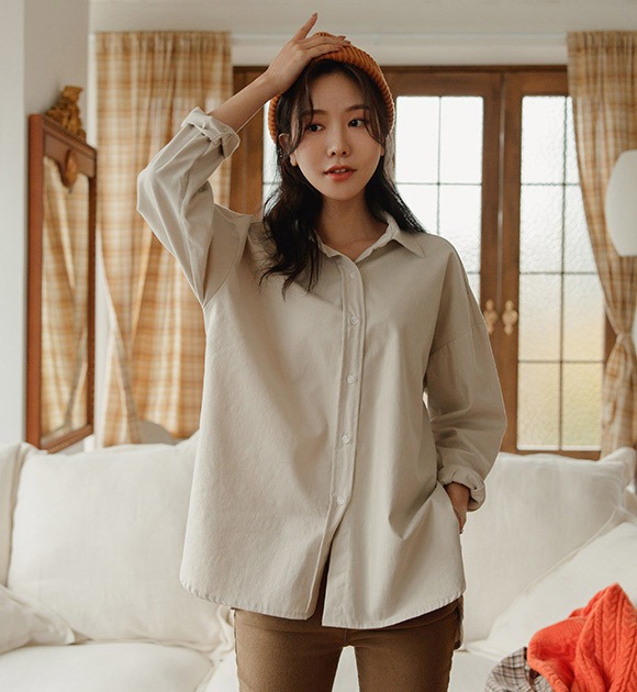 韓國磨毛純色寬鬆不對稱襬襯衫