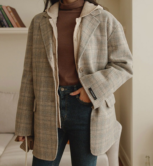 韓國手工羊毛開衩袖格紋外套