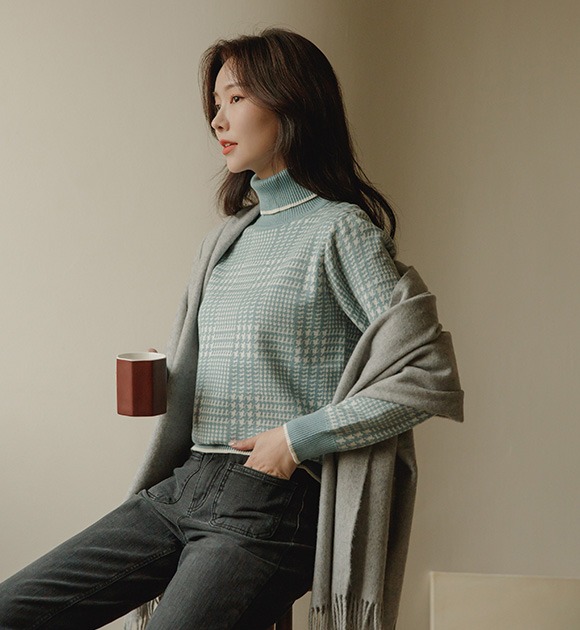 韓國配色高領千鳥格紋針織衫