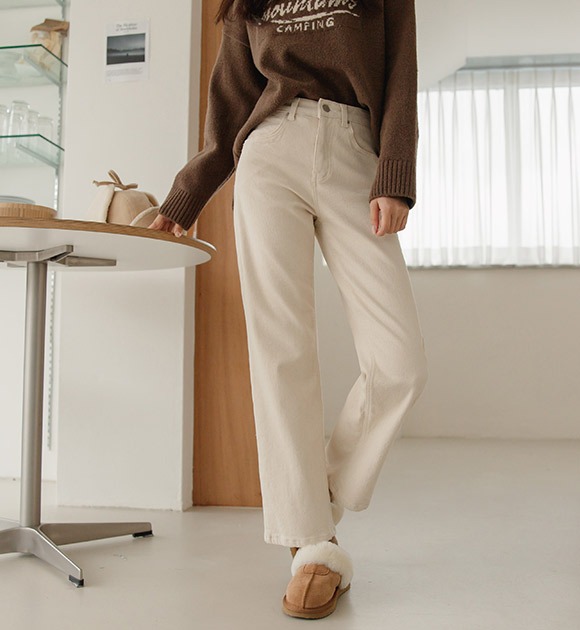 韓國復古色調刷毛直筒寬管褲