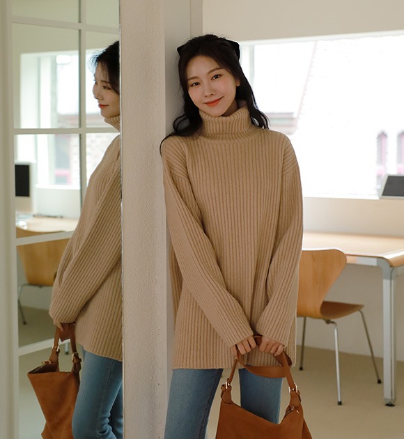 韓國反摺高領中長版羅紋針織衫