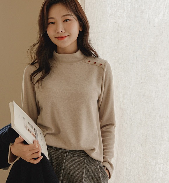 韓國鈕釦裝飾刷毛彈力立領T恤