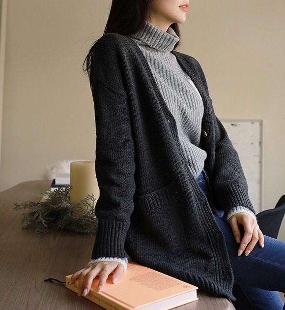 韓國混羊毛V領中長版針織外套