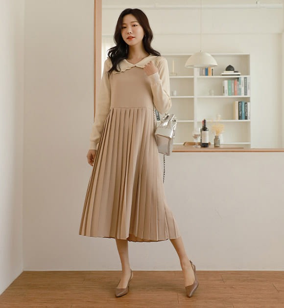 韓國方領腰綁帶百褶襬背心洋裝