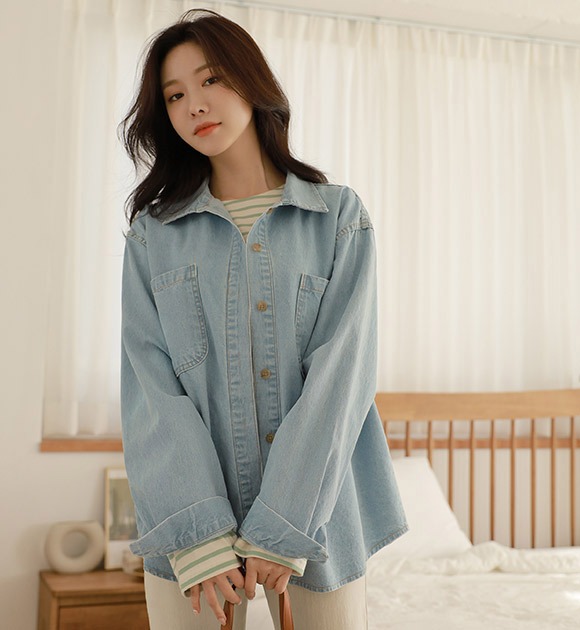 韓國純棉質感雙口袋牛仔襯衫