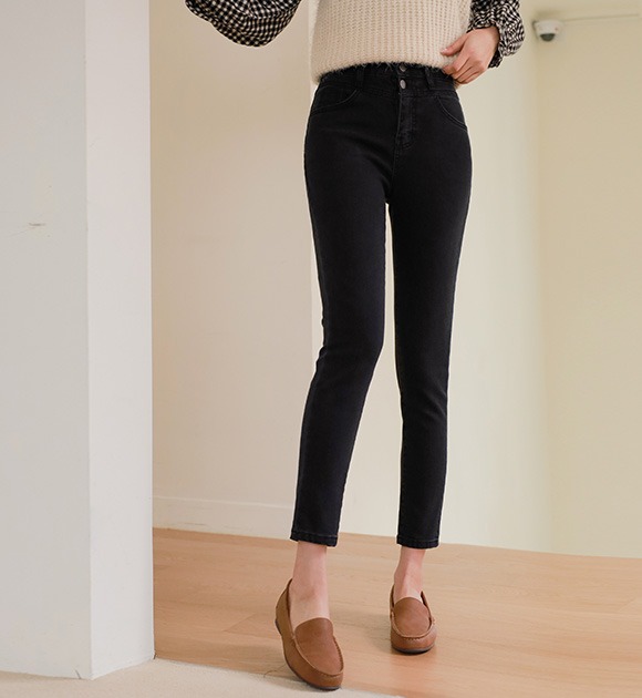 韓國雙釦高腰內刷毛窄管牛仔褲