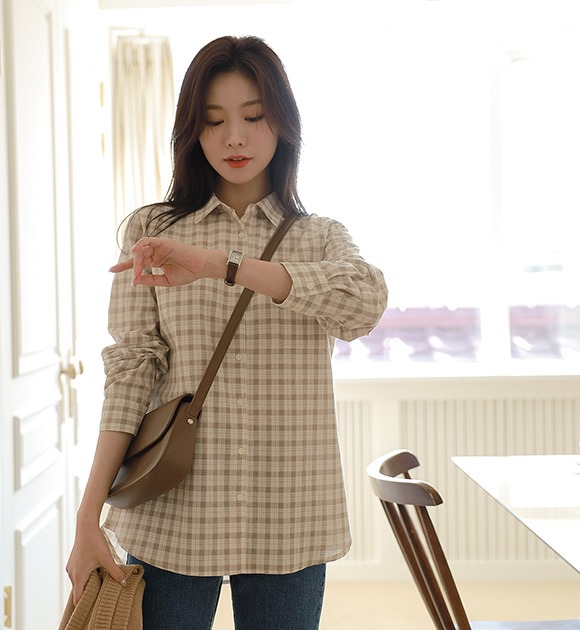 韓國舒適純棉單口袋格紋襯衫