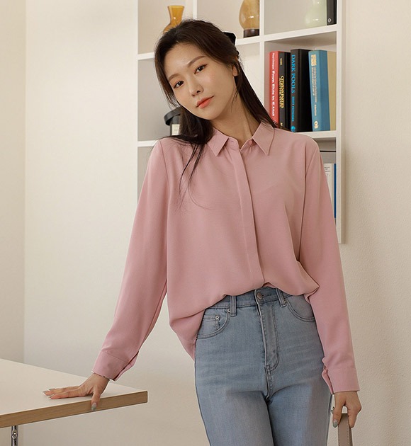 韓國暗釦設計壓褶袖純色襯衫