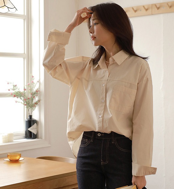 韓國橫向縫線單口袋棉質襯衫
