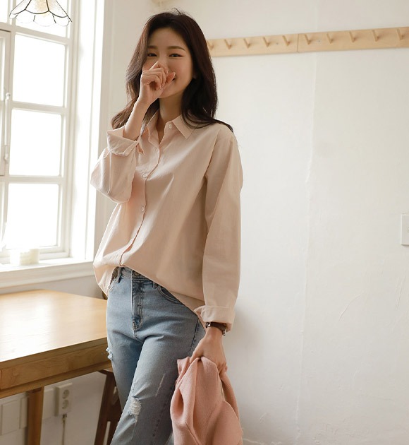 韓國溫柔純色棉質長袖襯衫