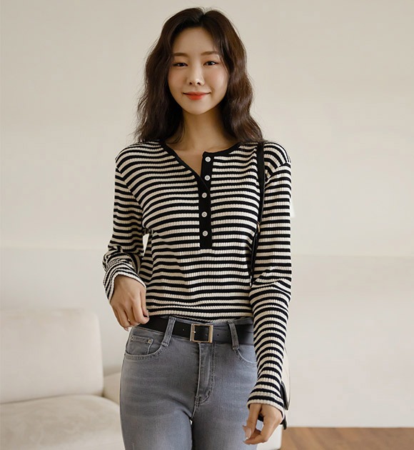 韓國配色半排釦彈力條紋T恤