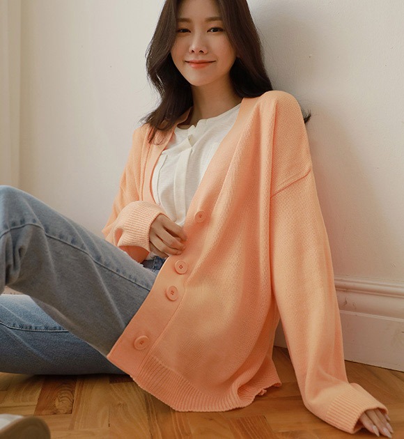 韓國同色排釦V領落肩針織外套