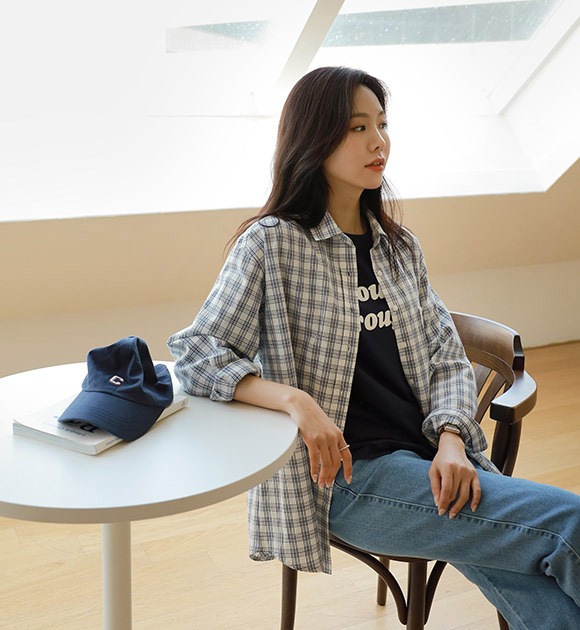 韓國棉質格紋單口袋弧襬襯衫
