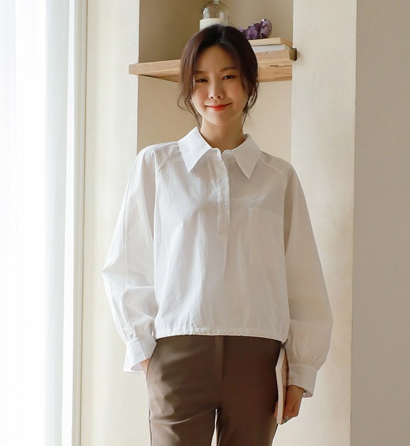 韓國抽繩開衩不對稱襬棉質襯衫